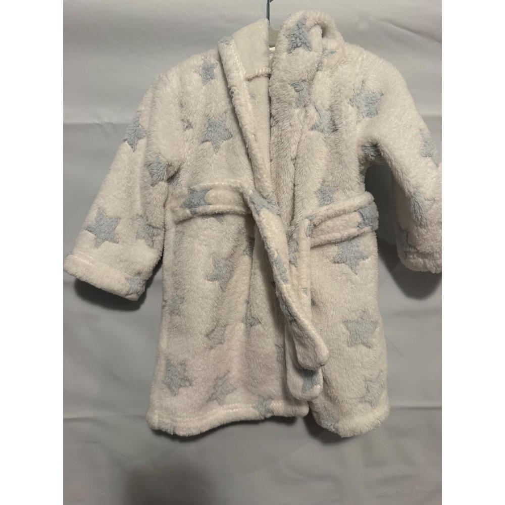 Blankets & Beyond Baby Robe 12m+ Cream Blue Star Plush Fleece Hooded Bathrobe